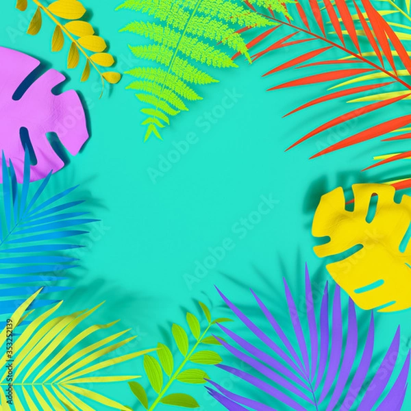 Fototapeta Exotic plants in bold rainbow colors. Tropical layout mockup. Background with painted leaves. Minimal colorful jungle concept art. 3D Render.