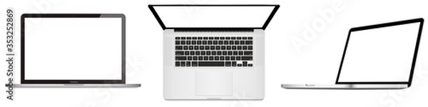 Fototapeta Realistic set Space Gray Laptop Computer, Top down view,side view end Mock up, Keyboard, with an empty screen. Set Laptop isolated on white background. Vector Illustration EPS 10