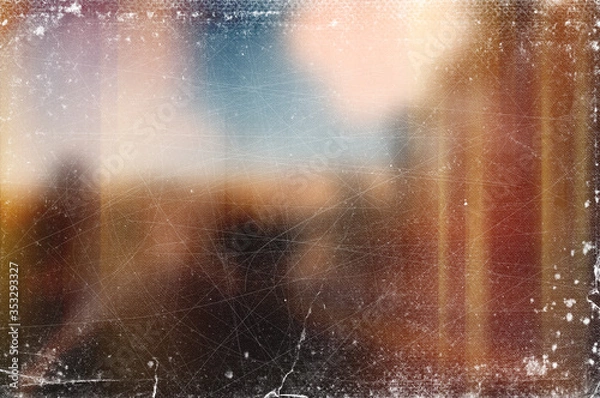 Fototapeta Vintage old abstract distressed blurred retro photo bokeh background with scratches, defects and light leaks