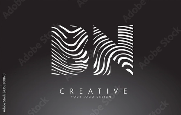 Fototapeta BN B N Letters Logo Design with Fingerprint, black and white wood or Zebra texture on a Black Background.