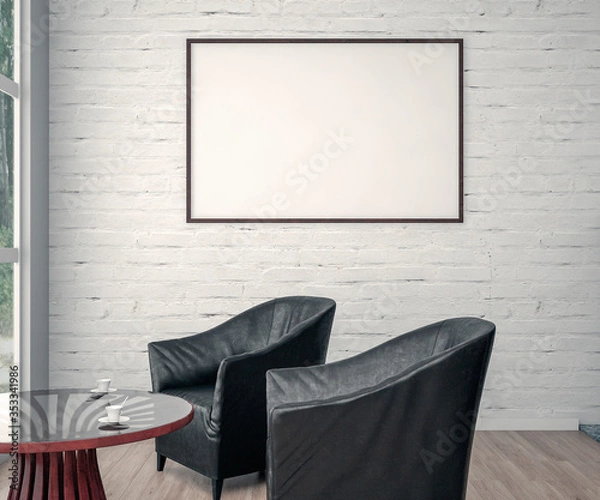 Fototapeta Mock up poster frame in interior background, living room, Scandinavian style, 3d render. 3D illustration.