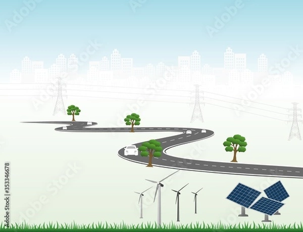 Obraz Vector template infographic Timeline of business operations with flags and placeholders on curved roads. Innovation, for environment and society city that can live together. Symbols, steps for success