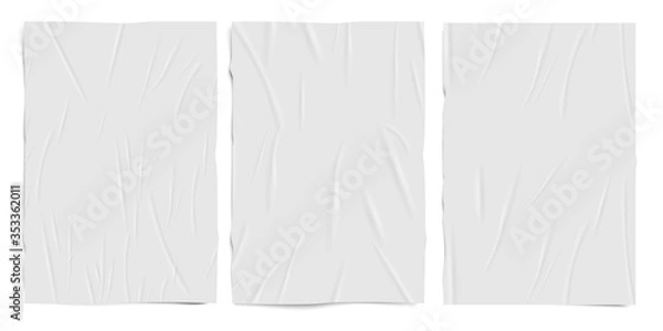 Fototapeta Biała pusta, źle sklejona tekstura papieru, mokre pomarszczone arkusze papieru efekt, realistyczny wektor zestaw