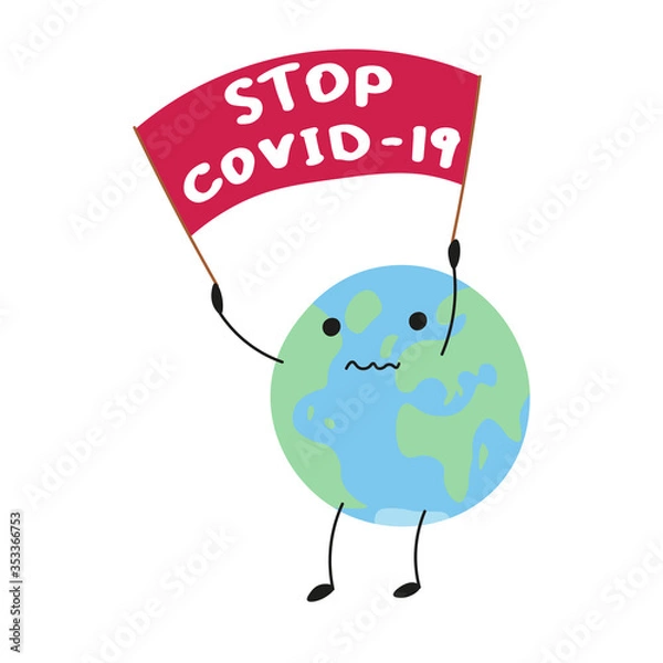 Fototapeta concept art of coronavirus disease with stop COVID-19 slogan and earth planet as character, editable vector illustration	
