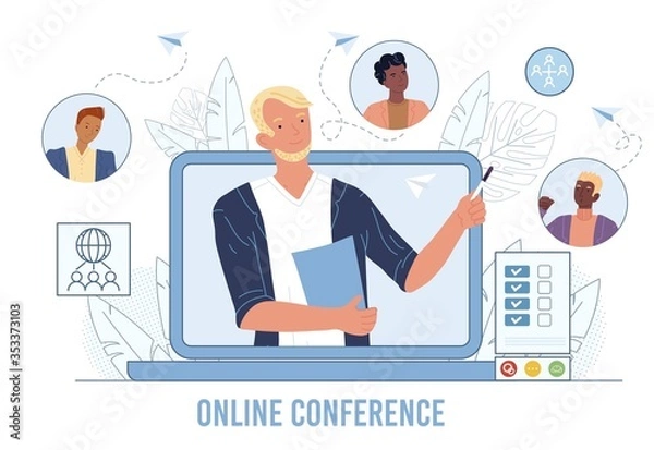 Fototapeta Online business video conference, meeting friends. Teamwork, communication. Internet technology global connection, web chatting. Leader, boss chief on laptop screen, interlocutors avatar talking