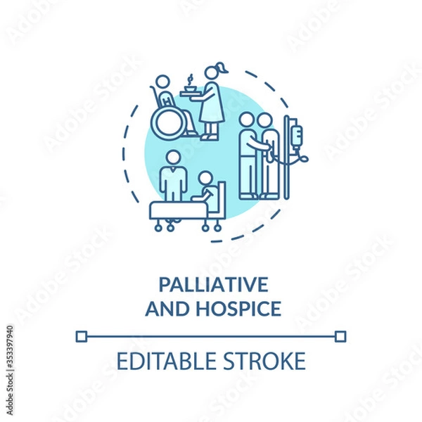 Obraz Palliative and hospice concept icon. Patient with chronic disease caregiving service idea thin line illustration. Social work. Vector isolated outline RGB color drawing. Editable stroke