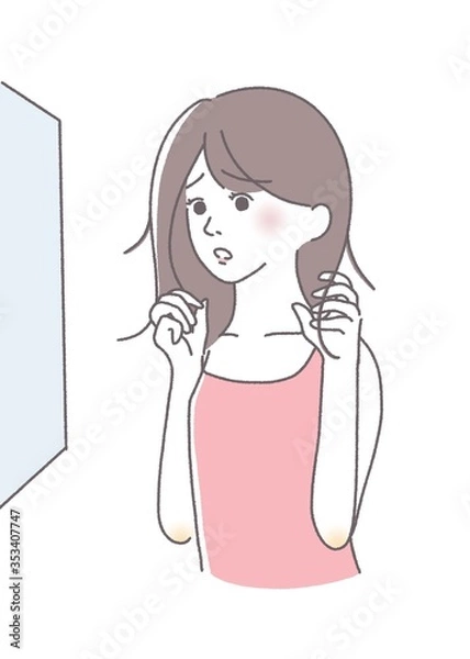 Obraz 寝癖　枝毛　癖毛　ボサボサ　スタイリング　まとまらない　髪　女性　イラスト