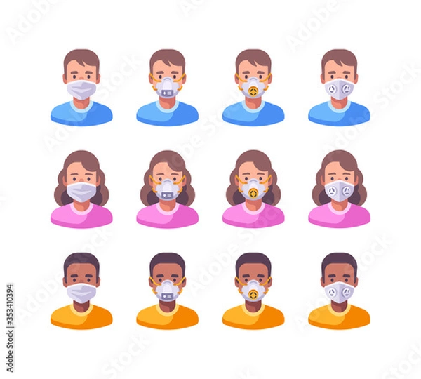 Obraz Set of characters in different types of face masks. Medical protection flat illustration. Virus prevention icons.