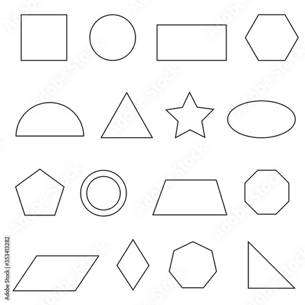 Fototapeta Set of vector outlines of simple flat geometric shapes. Icons linear flat geometric shapes on white background