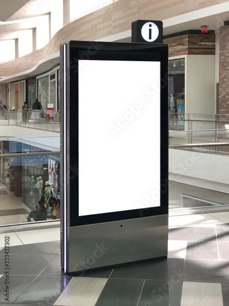 Obraz Standalone big screen info kiosk. Digital media blank white screen modern panel, display, signboard for advertisement design in a shopping center and mall. Including clipping path.