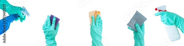 Obraz .Banner: hands in mint blue rubber gloves with cleaning products, washing sponges and napkins. isolate on a white background. Cleaning concept...