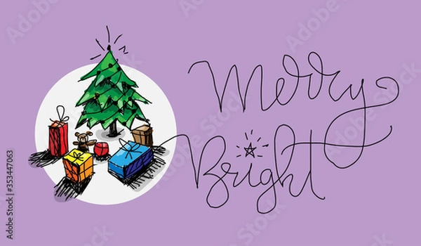 Obraz Merry Christmas hand drawn doodles. Fair tree, gift boxes. Lettering sign included.