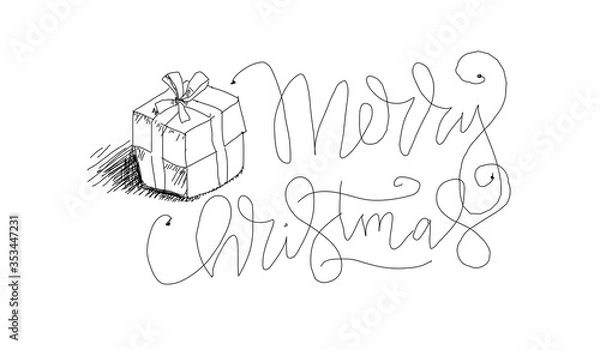 Obraz Merry Christmas hand drawn doodles. Gift box with a lettering sign included.