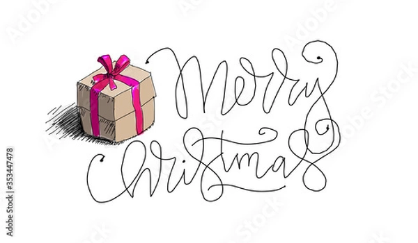 Obraz Merry Christmas hand drawn doodles. Gift box with a lettering sign included.