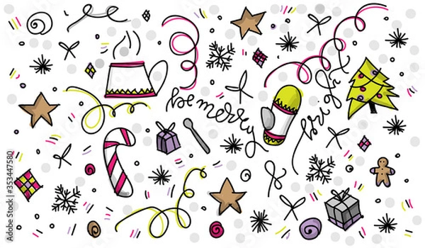 Obraz Merry Christmas hand drawn doodles. Fair tree, gift boxes. Creative pattern or greeting card template