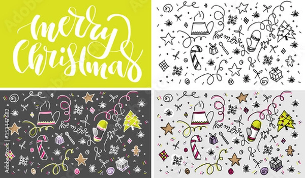 Obraz Merry Christmas hand drawn doodles. Fair tree, gift boxes. Lettering sign included.