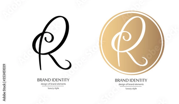 Obraz Creative monogram - hand drawn calligraphy sign. Uppercase R letter luxury brand identity sign. Vector illustration.