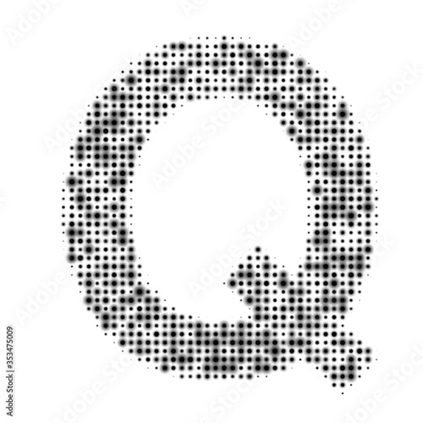 Fototapeta The capital letter Q is evenly filled with black dots of different sizes. Some dots with shadow. Vector illustration on white background