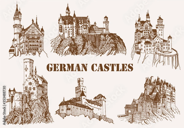 Obraz Graphical vintage set of German castles,sepia background,vector illustration