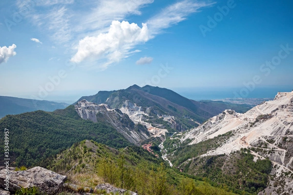 Obraz panoramic landscape of white marble quarries of Carrara in 

the Apuan Alps. Colonnata, Massa Carrara district. Tuscany, 

Italy