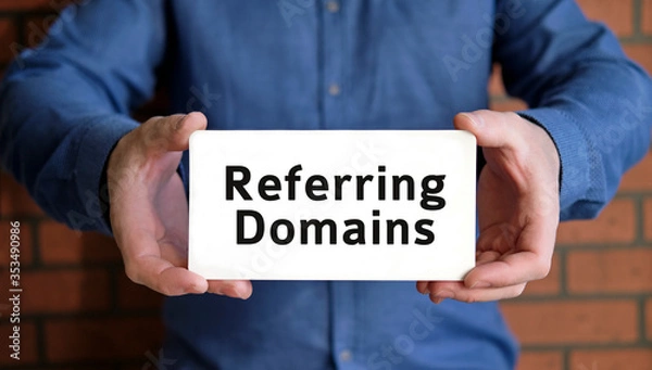 Fototapeta Referring domains - seo concept check the rank of the site in the hands of a young man in a blue shirt