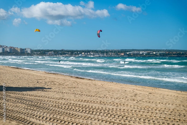 Obraz PALMA DE MALLORCA, SPAIN - MAY 11 2020 : Kite Surfer at the Playa de Palma  at  - Mallorca during Corona Lock down  on May 11, 2020 in Palma de Mallorca, .