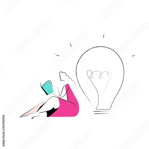 Obraz Woman sitting neat the light bulb reading the book - idea vector illustrations on a white background. Product categories set. Woman in pink dress. Activities. Empty states scenes.