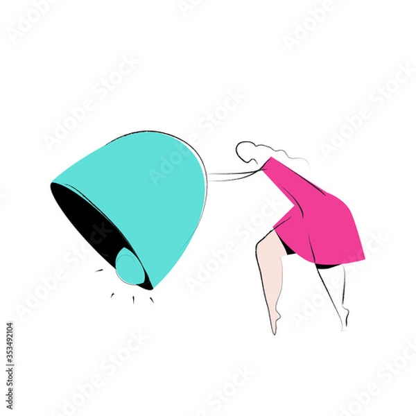 Obraz Woman pulling the bell - notifiations concept vector illustration on a white background. Product categories set. Woman in pink dress. Activities. Empty states scenes.