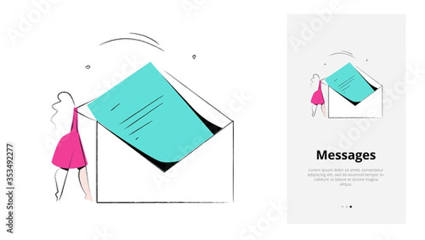 Obraz Vector illustration of e-mail and messages delivery. A woman holding a big envelope. Isolated vector illustration in modern minimal style. Mobile app onboarding screen.