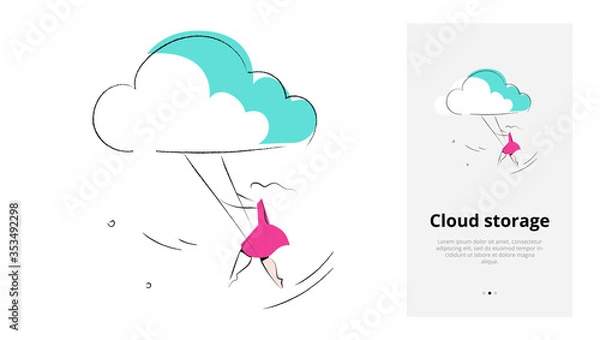 Obraz Product category. Vector illustration of a cloud storage. A woman holding a wrench near cogwheels. Isolated vector illustration in modern minimal style. Mobile app onboarding screen.