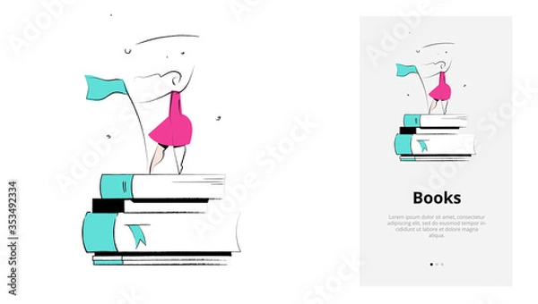 Obraz Product category. Vector illustration of online library, books. A woman holding a wrench near cogwheels. Isolated vector illustration in modern minimal style. Mobile app onboarding screen.