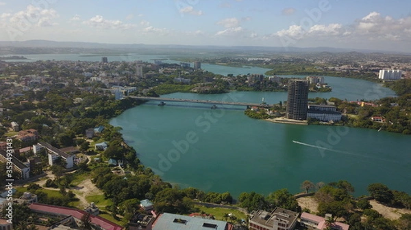 Fototapeta Mombasa Island as seen from the aerial view.  The New Nyali bridge  and Tudor Creek is visible