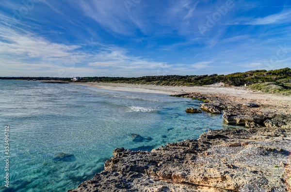 Obraz PALMA DE MALLORCA, SPAIN - MAY 3 2020 : Beach of Ses Covetes  at  - Mallorca during Corona Lock down  on May 3, 2020 in Palma de Mallorca, .