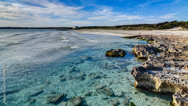 Obraz PALMA DE MALLORCA, SPAIN - MAY 3 2020 : Beach of Ses Covetes  at  - Mallorca during Corona Lock down  on May 3, 2020 in Palma de Mallorca, .
