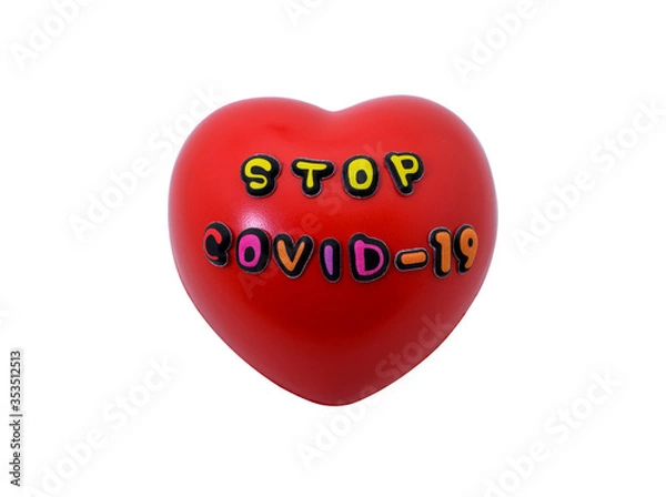 Fototapeta Red heart with the words stop Covid-19 isolated on a white background.