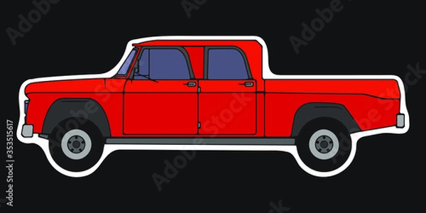 Obraz Red retro pickup. Side view, cartoon style.