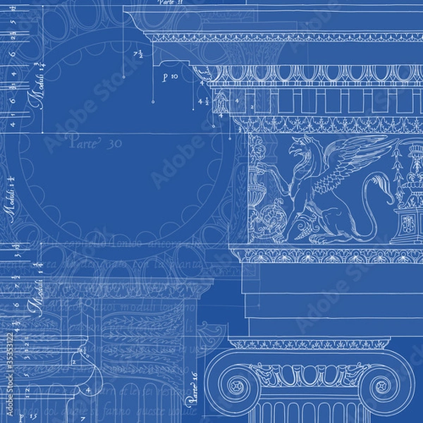 Fototapeta Blueprint. Hand draw sketch ionic architectural order
