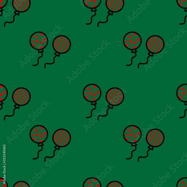 Fototapeta Seamless pattern of a white and red balloon on a green background. Hand drawing vector doodle icons of the Christmas element. Repeating backdrop concept for paper printing, page fill, and brochure.