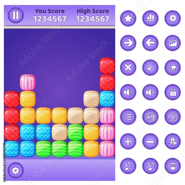 Obraz Gui game match 3 block puzzle and buttons set.