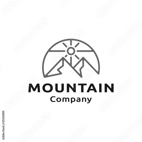 Fototapeta Modern Logo Design Company of Mountain, Sun, Light/Bright, Circle Shape Line Art Style Premium Vector Template