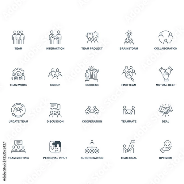 Fototapeta Team work signage set for business project include group, team, Collaboration, discussion, etc. Simple set of team work related vector line icons. Vector illustration.Design on white background. EPS10