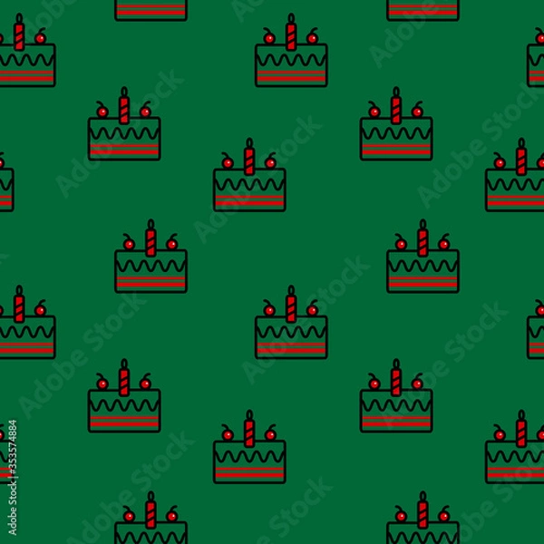 Fototapeta Seamless pattern of red cake with candle and cherry on green background. Hand drawing vector doodle icons of Christmas or birthday element. Repeating backdrop concept for paper printing, page fill.