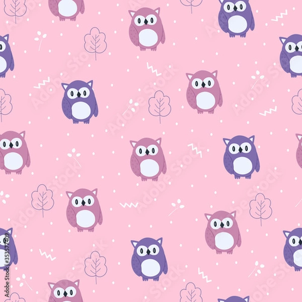 Obraz Seamless vector pattern of funny cartoon owl in the forest. Scandinavian style.