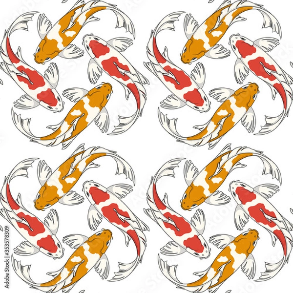 Fototapeta Seamless pattern with red and orange koi fish carps. Colored vector background.