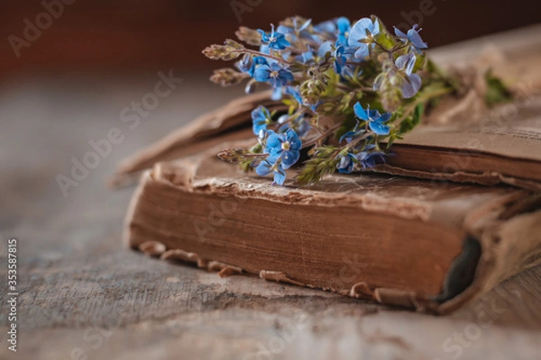 Fototapeta Vintage books with a bouquet of spring wild flowers. Nostalgic vintage atmospheric background.