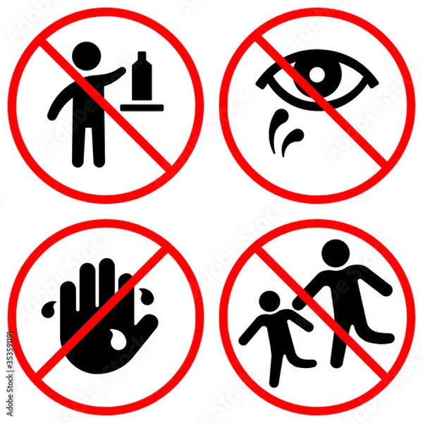 Obraz Warning keep out of reach from children, avoid touching the eyes and do not use wet hands to touch vector icon set isolated on white background