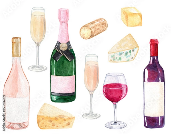 Obraz watercolor wine bottles and cheese set isolated on white background. Champagne and winery clip art. For cafe menu design, posters, restaurant decoration, invitation, bachelorette party