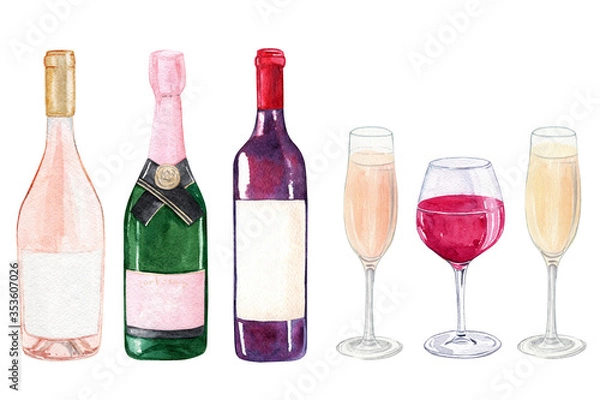 Obraz watercolor wine bottles and glasses set isolated on white background for winery, cafe menu, restaurant posters and logo design