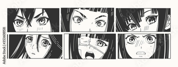Fototapeta Sześć par azjatyckich oczu. Styl mangi. Koncepcja komiks kreskówka japoński. Postacie z anime. Ręcznie rysowane modny ilustracji wektorowych. Gotowe nadruki. Każda ilustracja jest izolowana