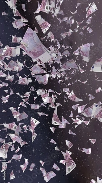 Fototapeta Flying euro banknotes on a outer space starry background. Money flying in the outer space. 500 EURO in color. Vertical orientation. 3D illustration